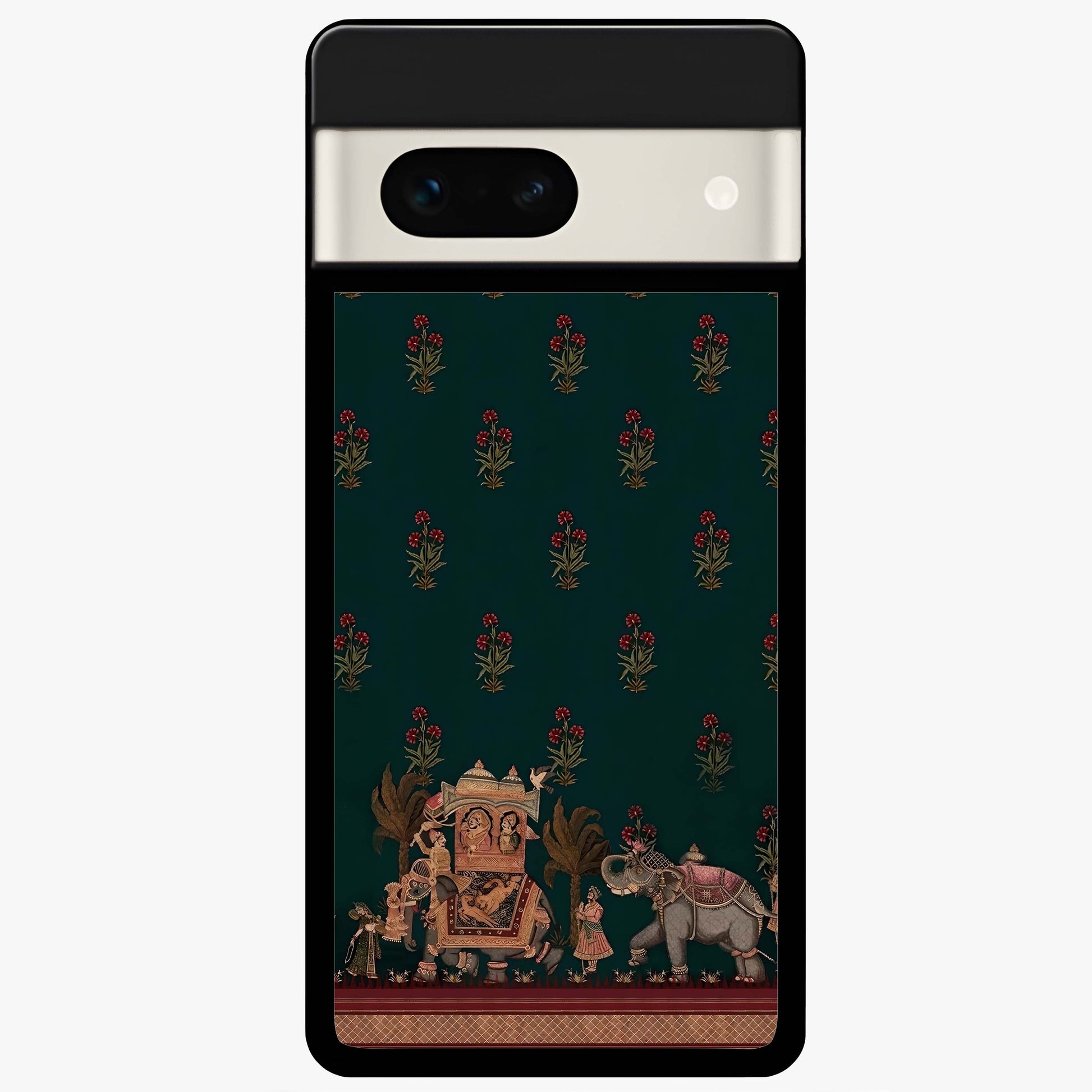 Macmerise Glass Case showing flat back view with stylish modern artwork and glossy glass finish.