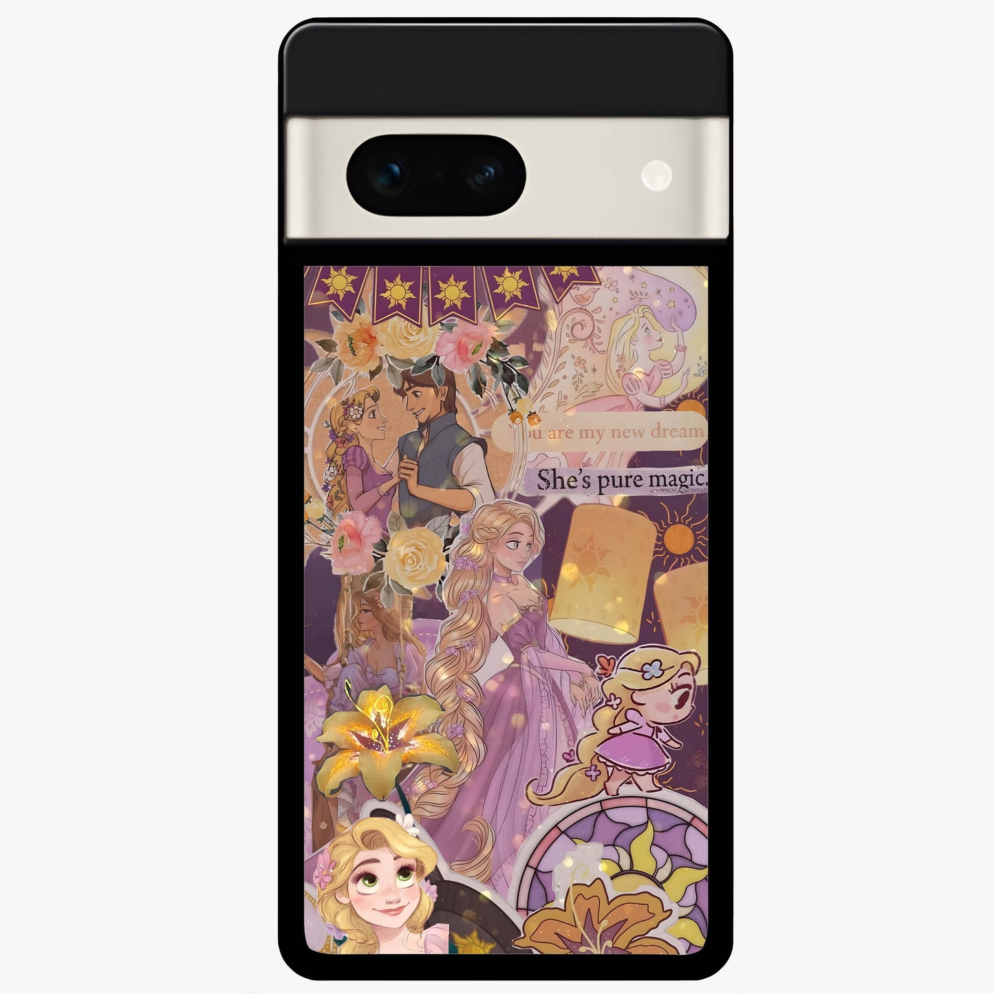 Magical Tangled Dream Glass Case showing flat back view with dreamy tangled artwork and glossy glass finish.