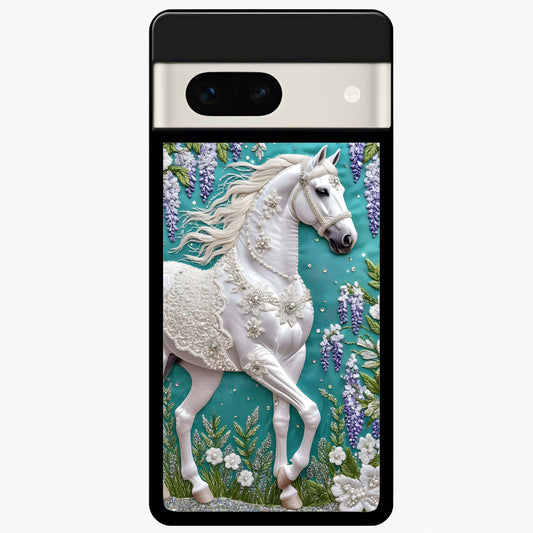 Majestic Floral Stallion Glass Case showing flat back view with powerful horse and floral artwork and glossy glass finish.