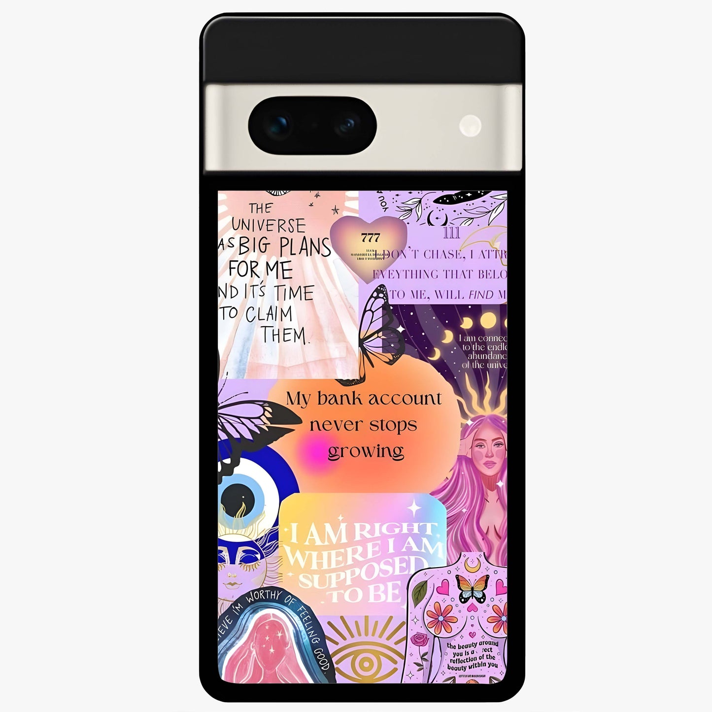 Manifestation Collage Glass Case showing flat back view with motivational collage artwork and glossy glass finish.