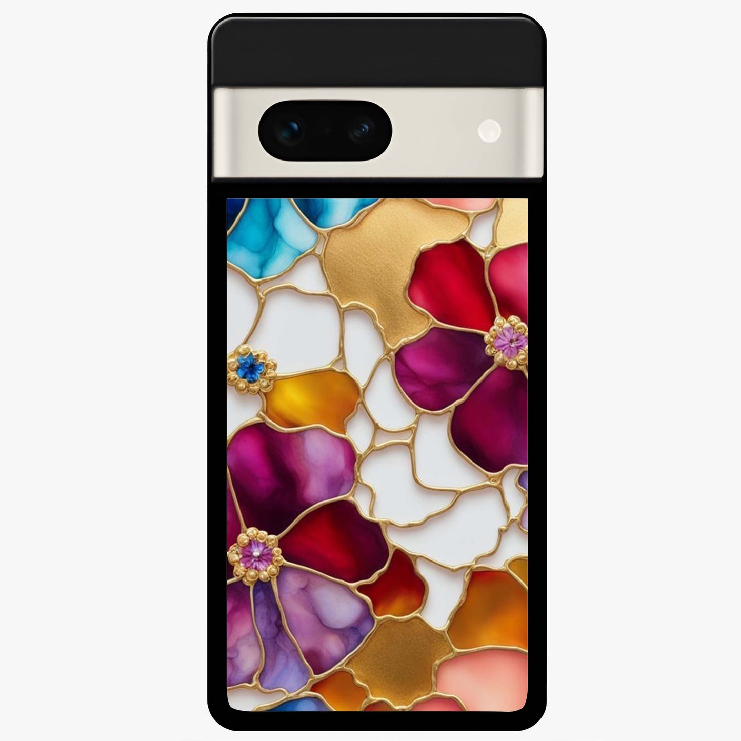 Marble Flower Pattern Glass Case showing flat back view with marble texture floral artwork and glossy glass finish.