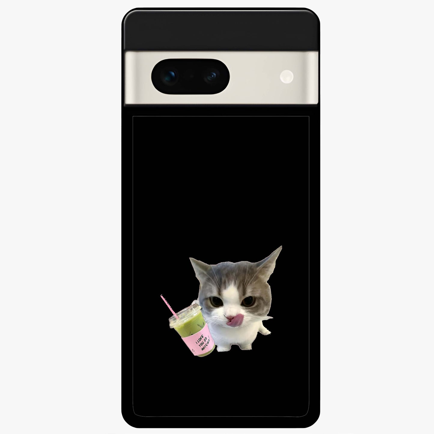 Matcha Cat Style Glass Case showing flat back view with cute matcha themed cat artwork and glossy glass finish.