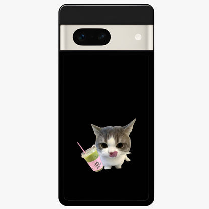 Matcha Cat Style Glass Case showing flat back view with cute matcha themed cat artwork and glossy glass finish.