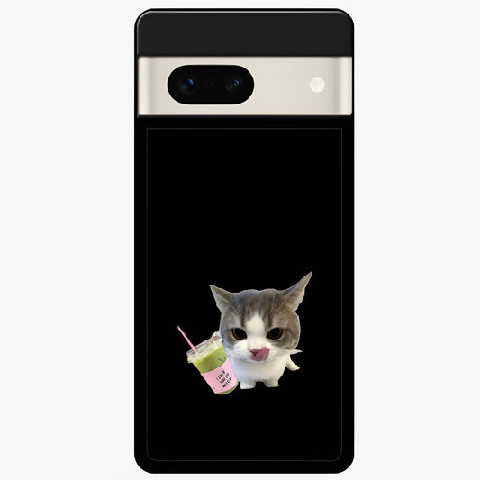 Matcha Cat Style Glass Case showing flat back view with cute matcha themed cat artwork and glossy glass finish.