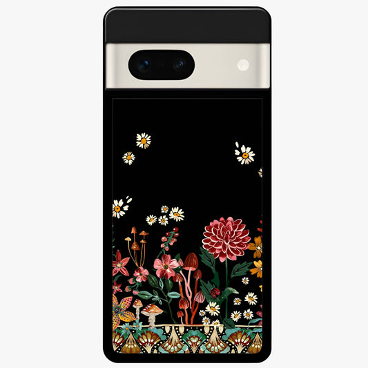 Midnight Bloom Pattern Glass Case showing flat back view with dark floral pattern artwork and glossy glass finish.