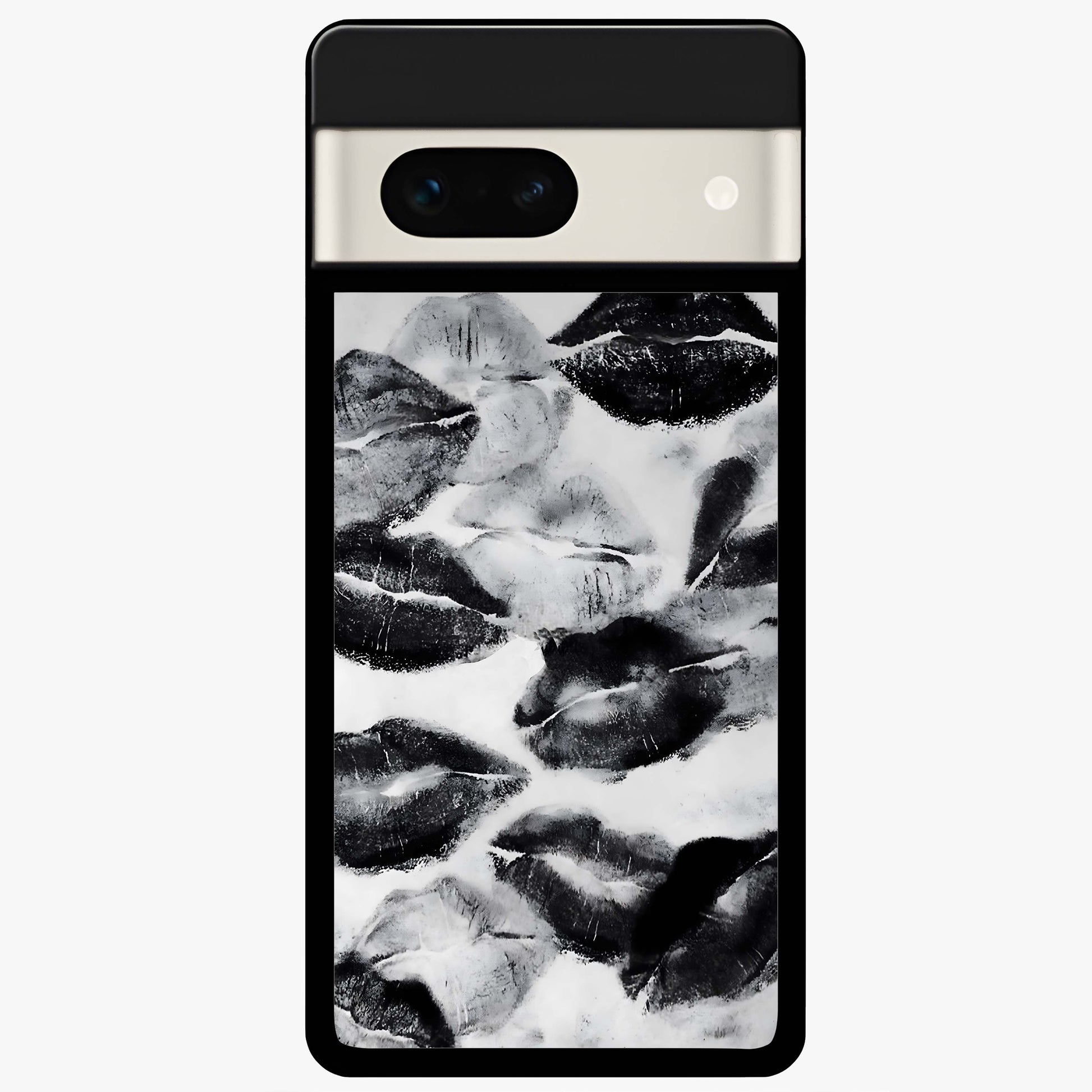 Midnight Kiss Marks Glass Case showing flat back view with lipstick kiss mark artwork and glossy glass finish.