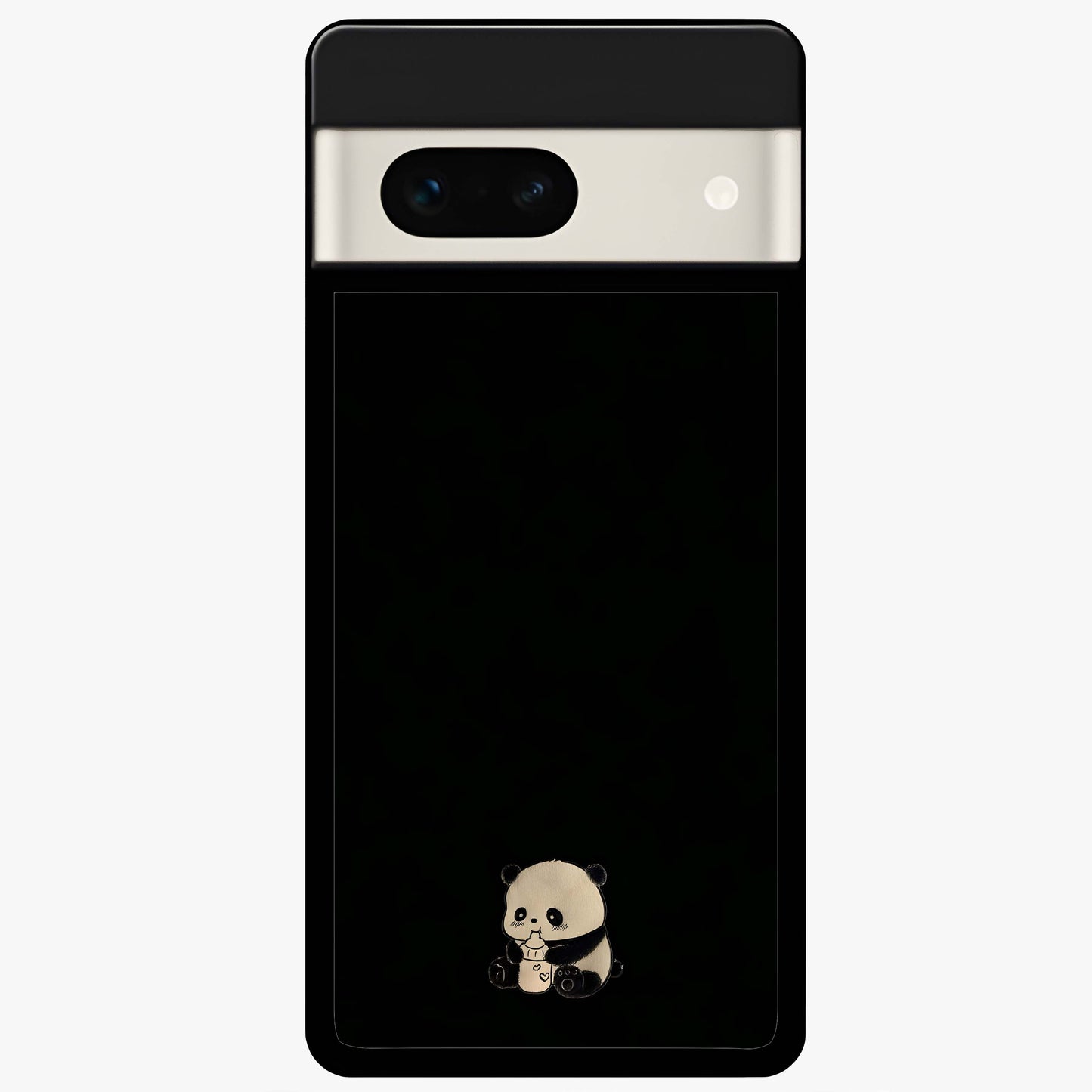 Midnight Panda Love Glass Case showing flat back view with cute panda themed artwork and glossy glass finish.
