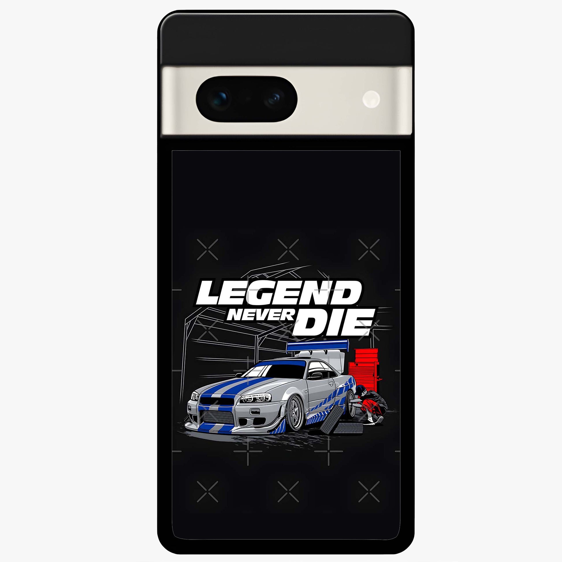 Midnight Racing Legacy Glass Case showing flat back view with sleek racing inspired artwork and glossy glass finish.