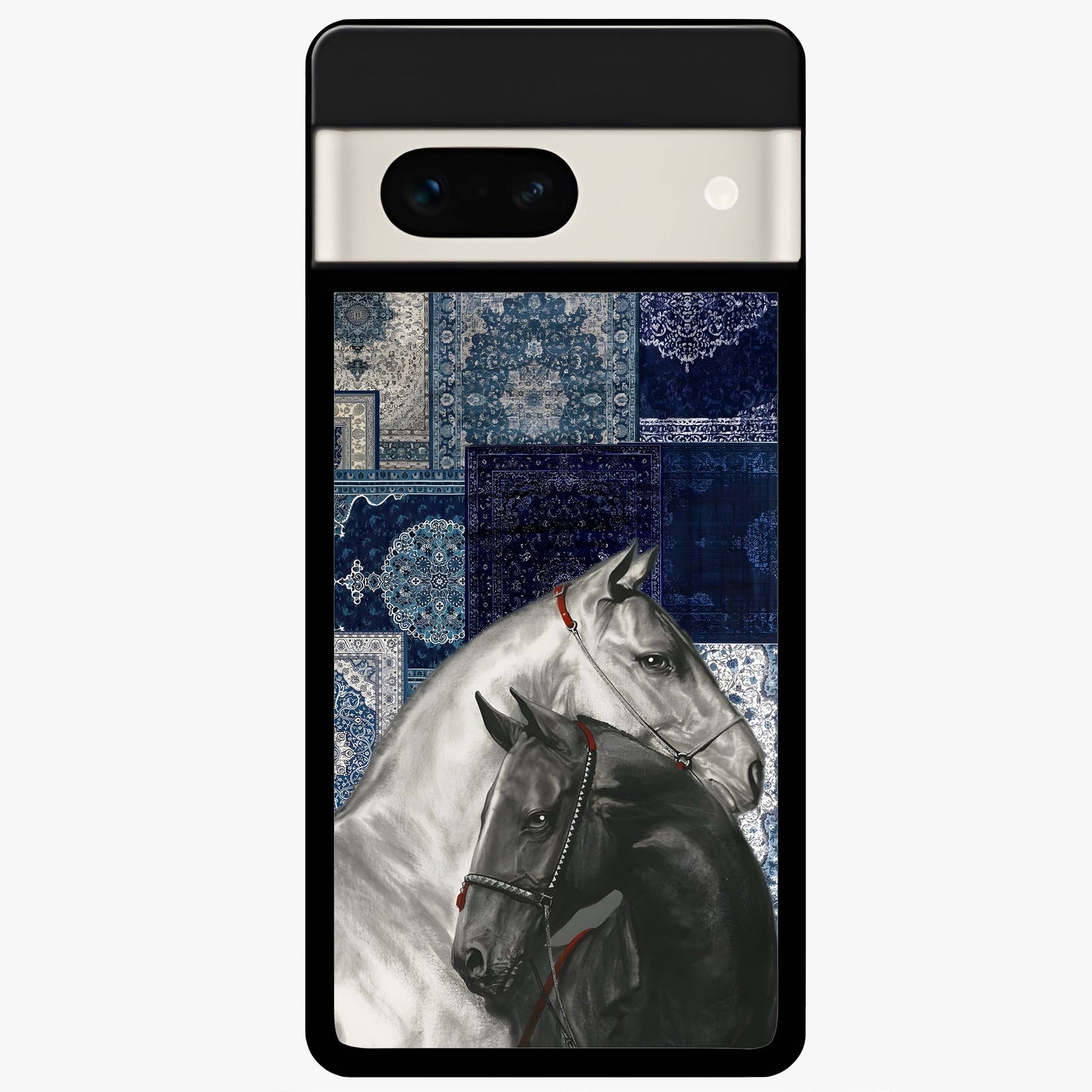 Midnight Stallion Blues Glass Case showing flat back view with majestic horse artwork and glossy glass finish.
