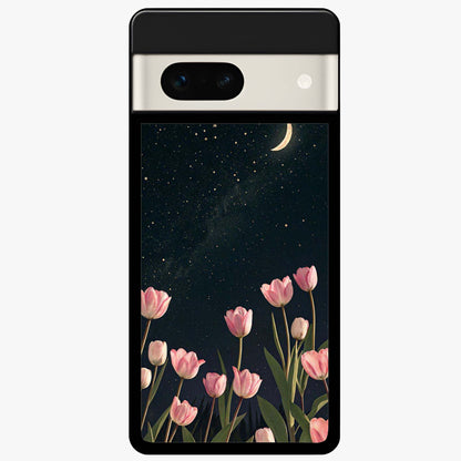 Midnight Tulip Whispers Vibe Glass Case showing flat back view with elegant tulip flower artwork and glossy glass finish.