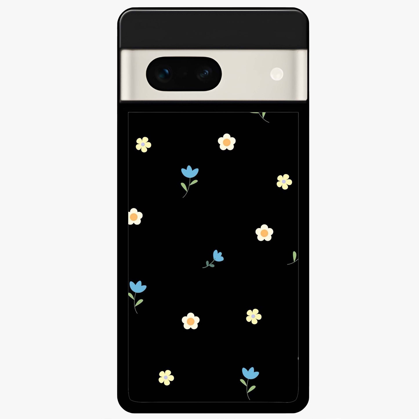Minimalistic Blue With White Flower Pattern Glass Case showing flat back view with blue background and white flower pattern and glossy glass finish.