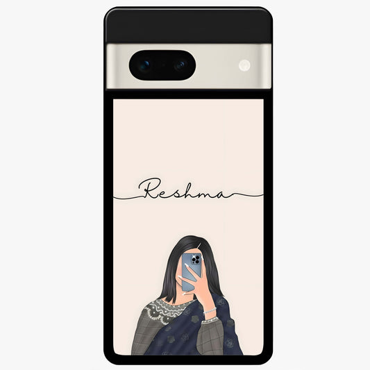 Mirror Mood Muse With Custom Name Glass Case showing flat back view with stylish mirrored artwork and personalized name design.