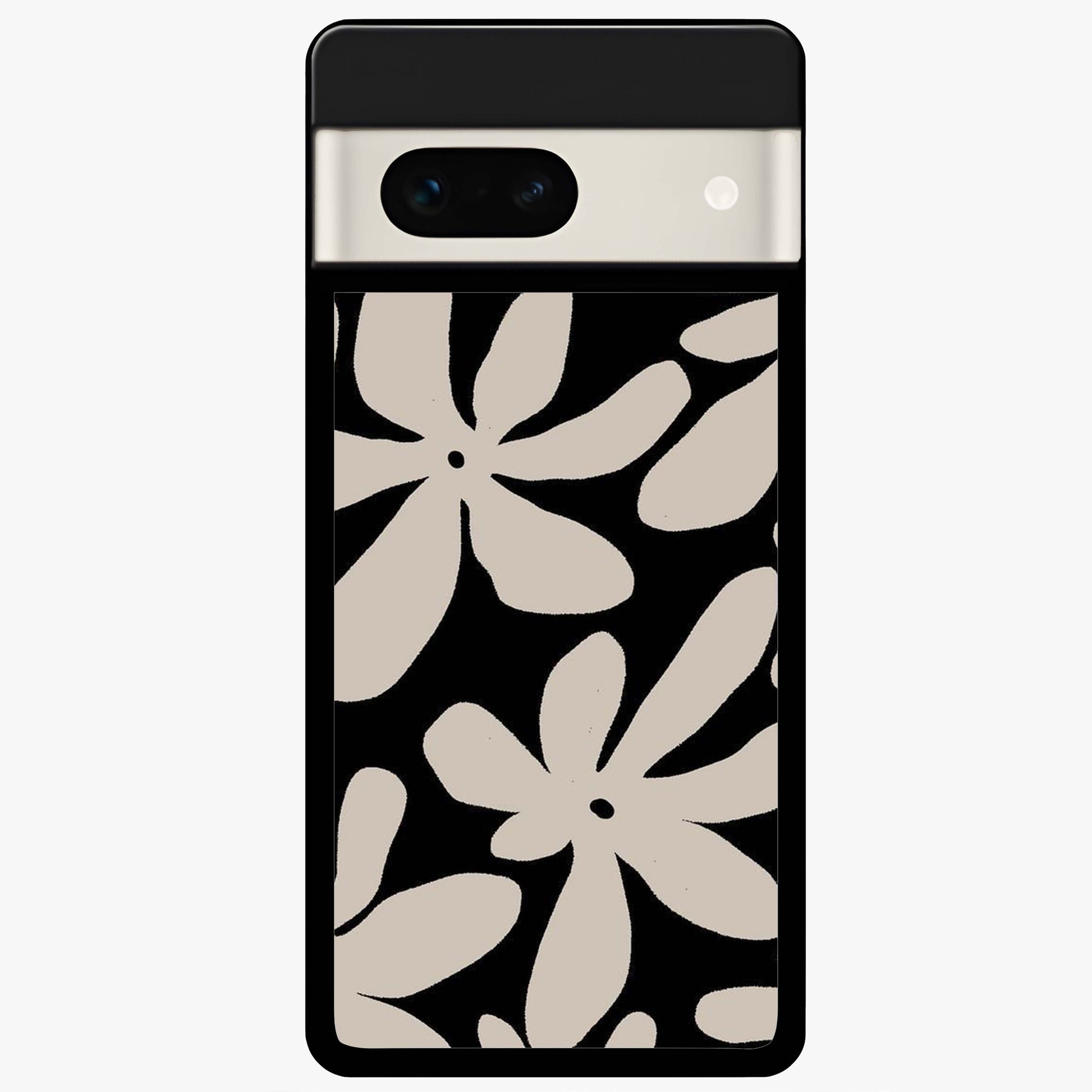 Monochrome Petal Dance Glass Case showing flat back view with monochrome floral artwork and glossy glass finish.