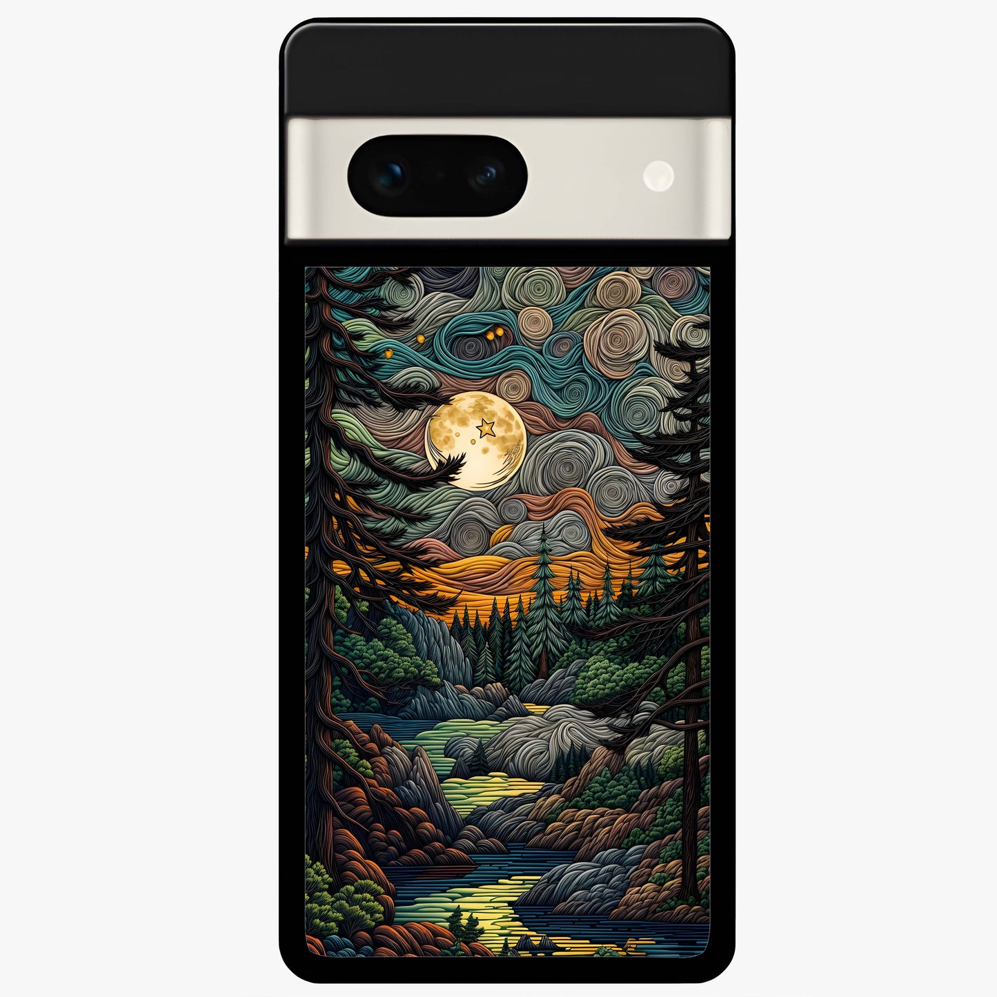 Moonlight Forest Dream Glass Case showing flat back view with mystical forest moonlight artwork and glossy glass finish.