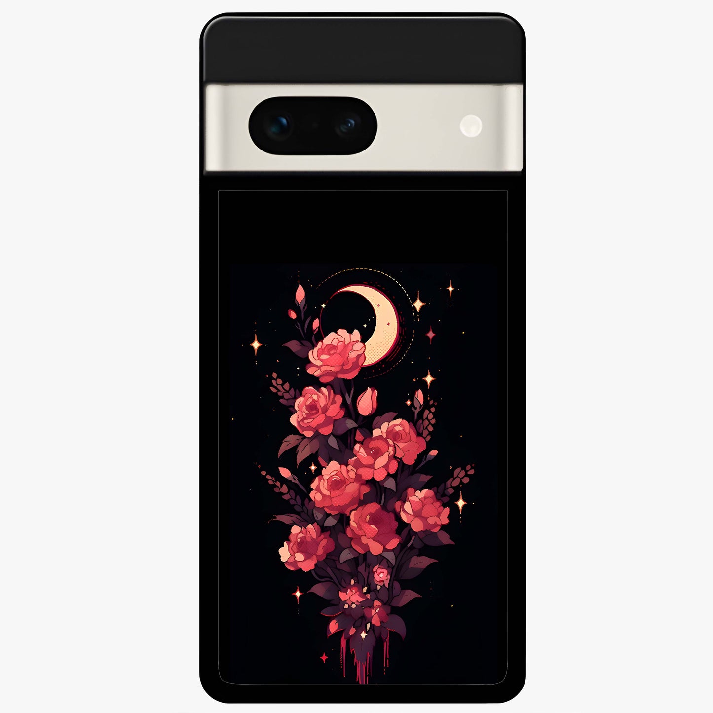 Moonlit Floral Elegance Glass Case showing flat back view with elegant floral artwork under moonlit tones and glossy glass finish.