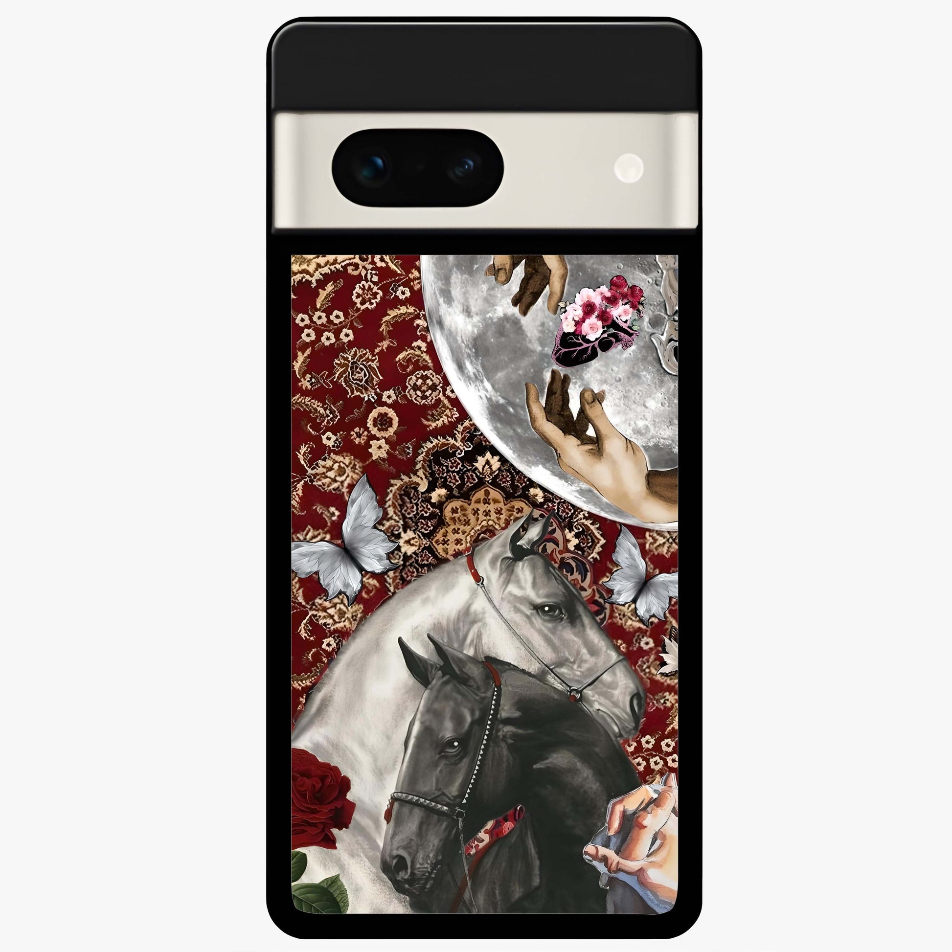 Moonlit Royal Stallion Glass Case showing flat back view with majestic horse under moonlight artwork and glossy glass finish.