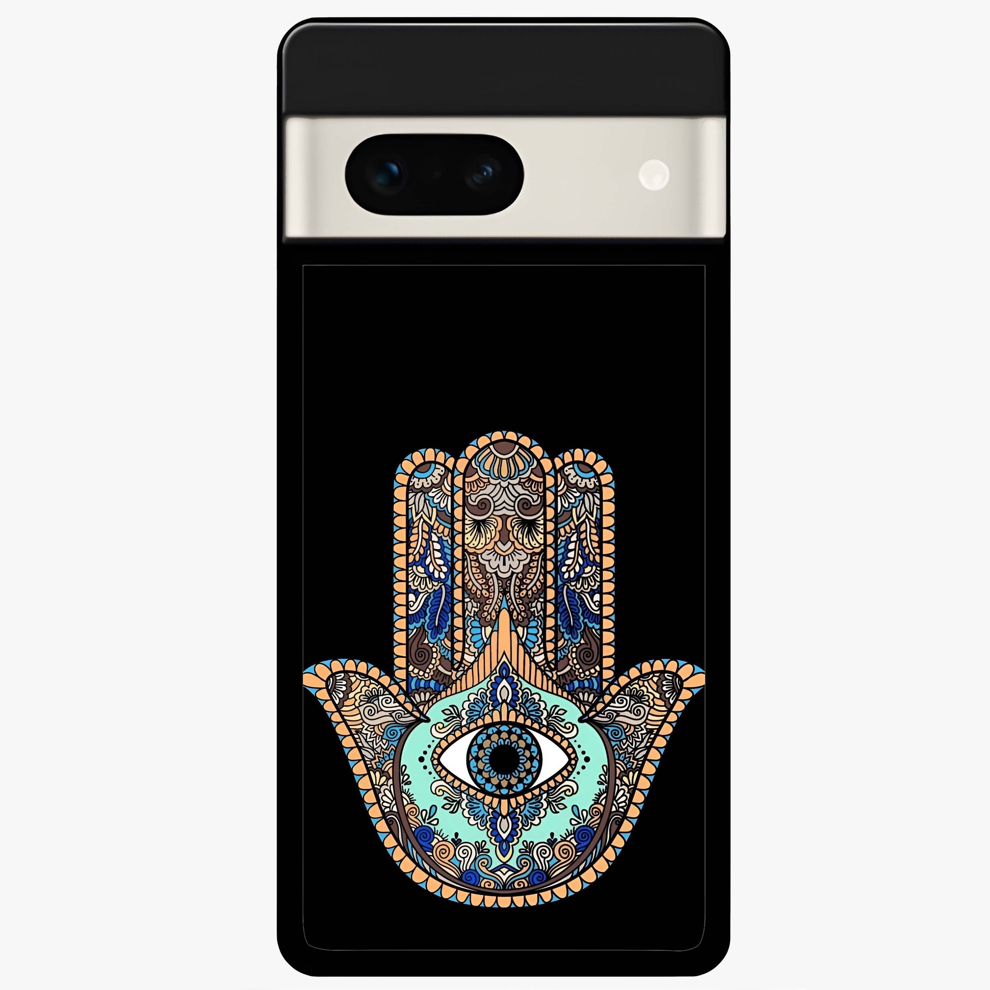 Mystic Hamsa Eye Glass Case showing flat back view with protective hamsa hand and evil eye artwork and glossy glass finish.