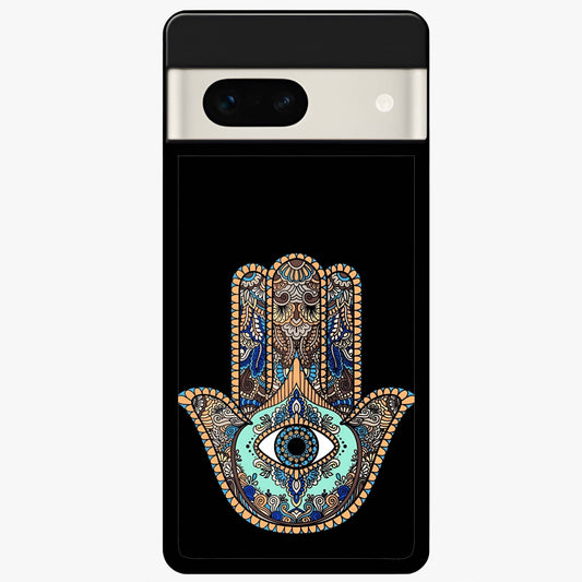 Mystic Hamsa Eye Glass Case showing flat back view with protective hamsa hand and evil eye artwork and glossy glass finish.