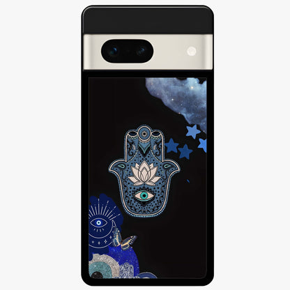 Mystic Hand Aura Glass Case showing flat back view with mystical hand symbol artwork and glossy glass finish.