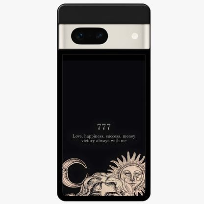 Mystic Victory Aura Glass Case showing flat back view with victory symbol artwork and glossy glass finish.