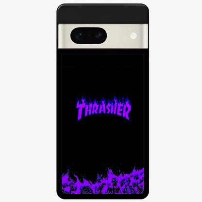 Neon Flame Riot Glass Case showing flat back view with neon flame artwork and glossy glass finish.