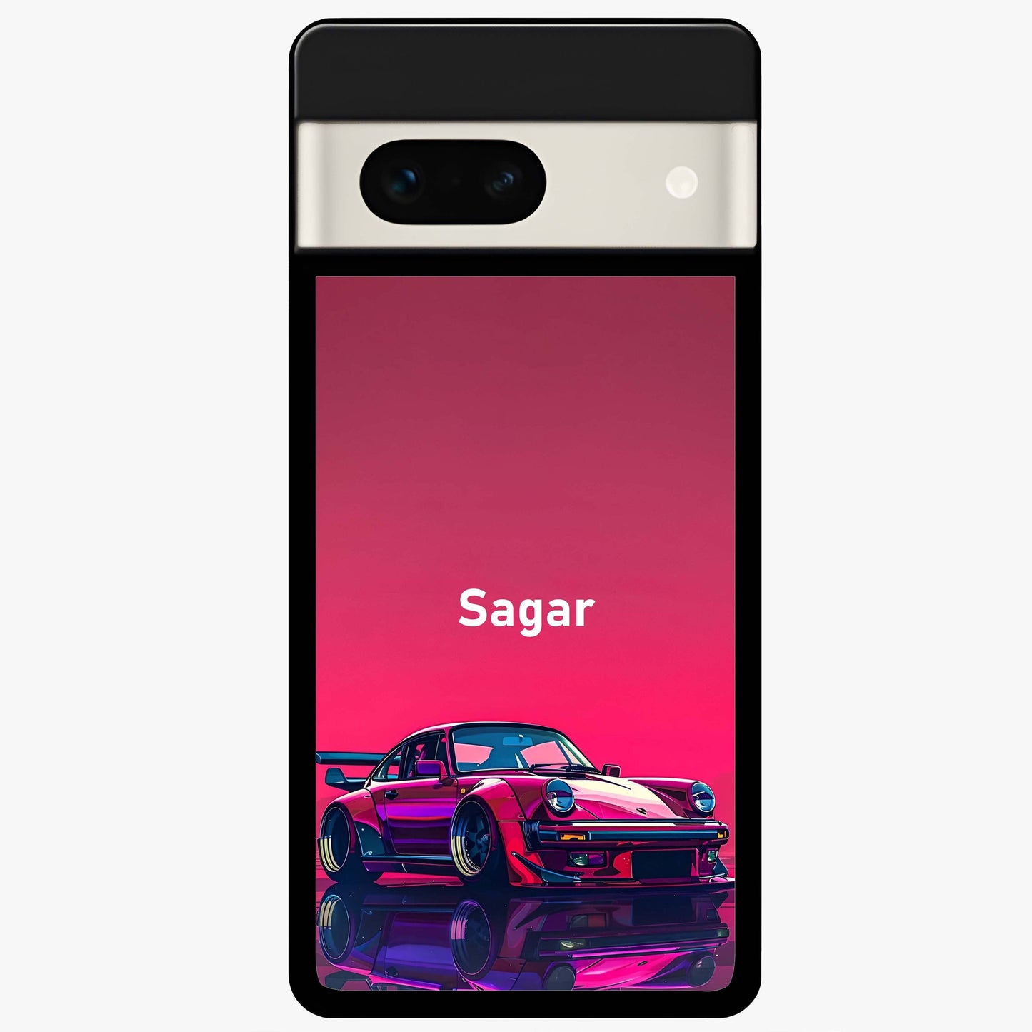 Neon Pink Porsche Glass Case showing flat back view with stylish sports car artwork and glossy glass finish.