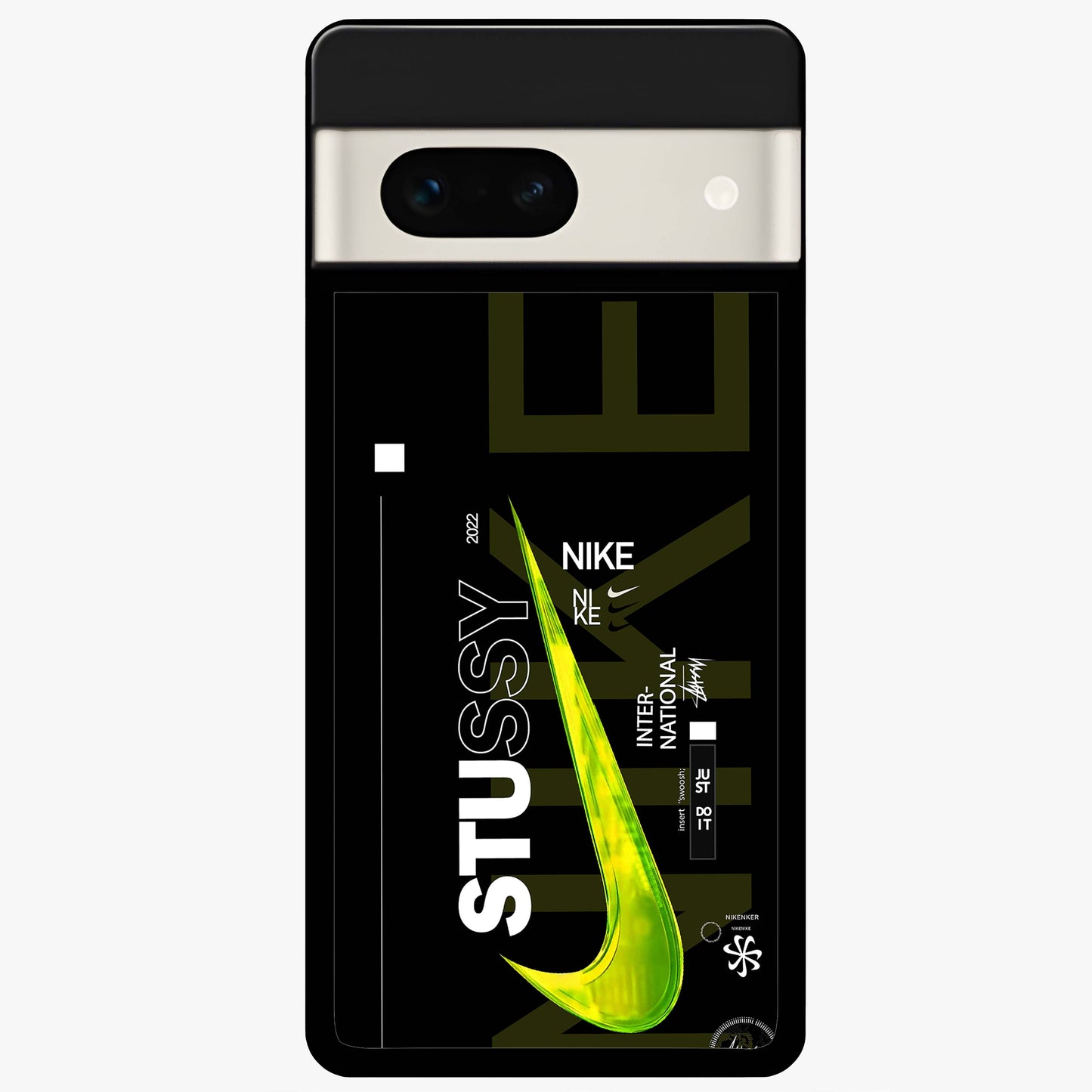 Neon Street Edition Glass Case showing flat back view with neon street style artwork and glossy glass finish.