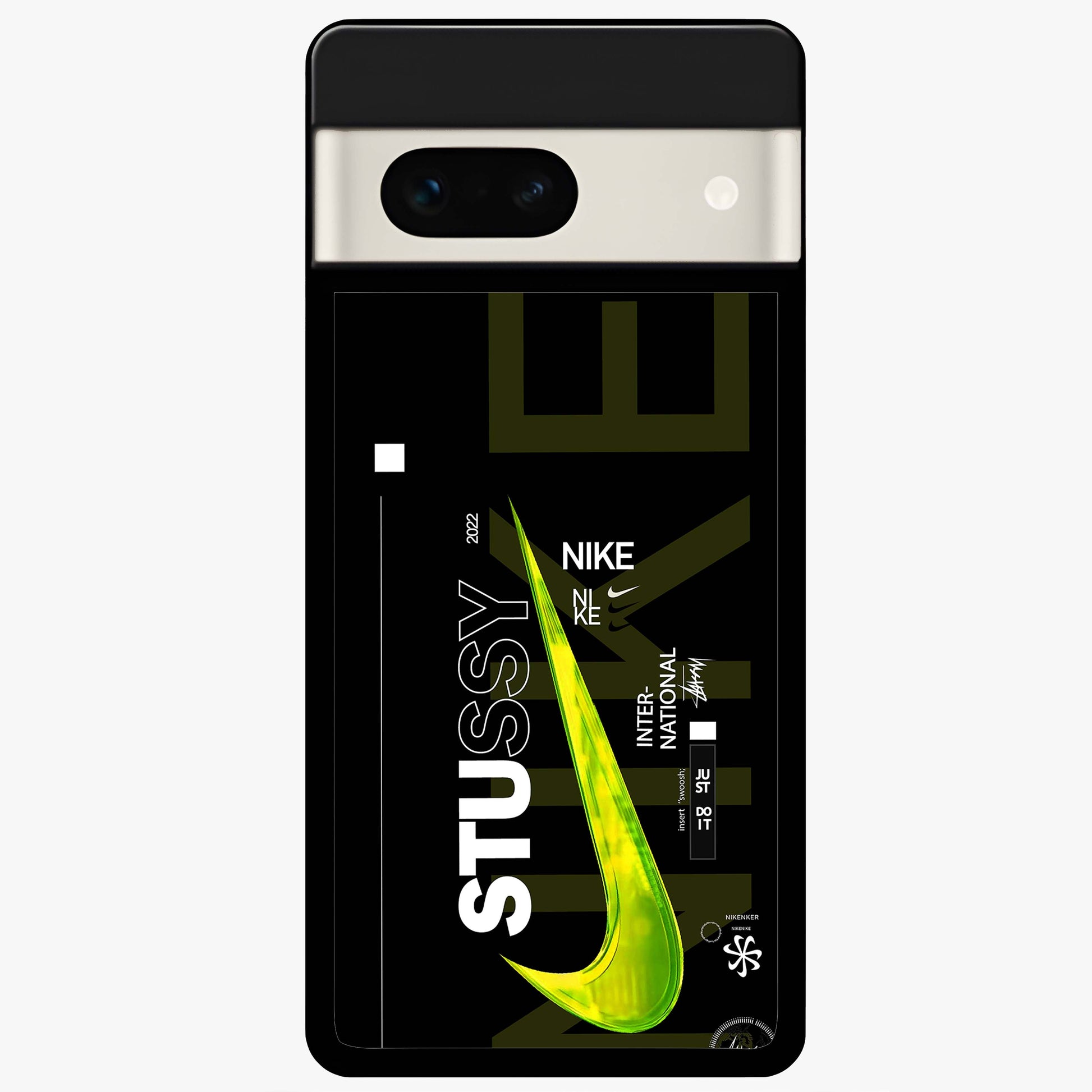 Neon Street Edition Glass Case showing flat back view with neon street style artwork and glossy glass finish.