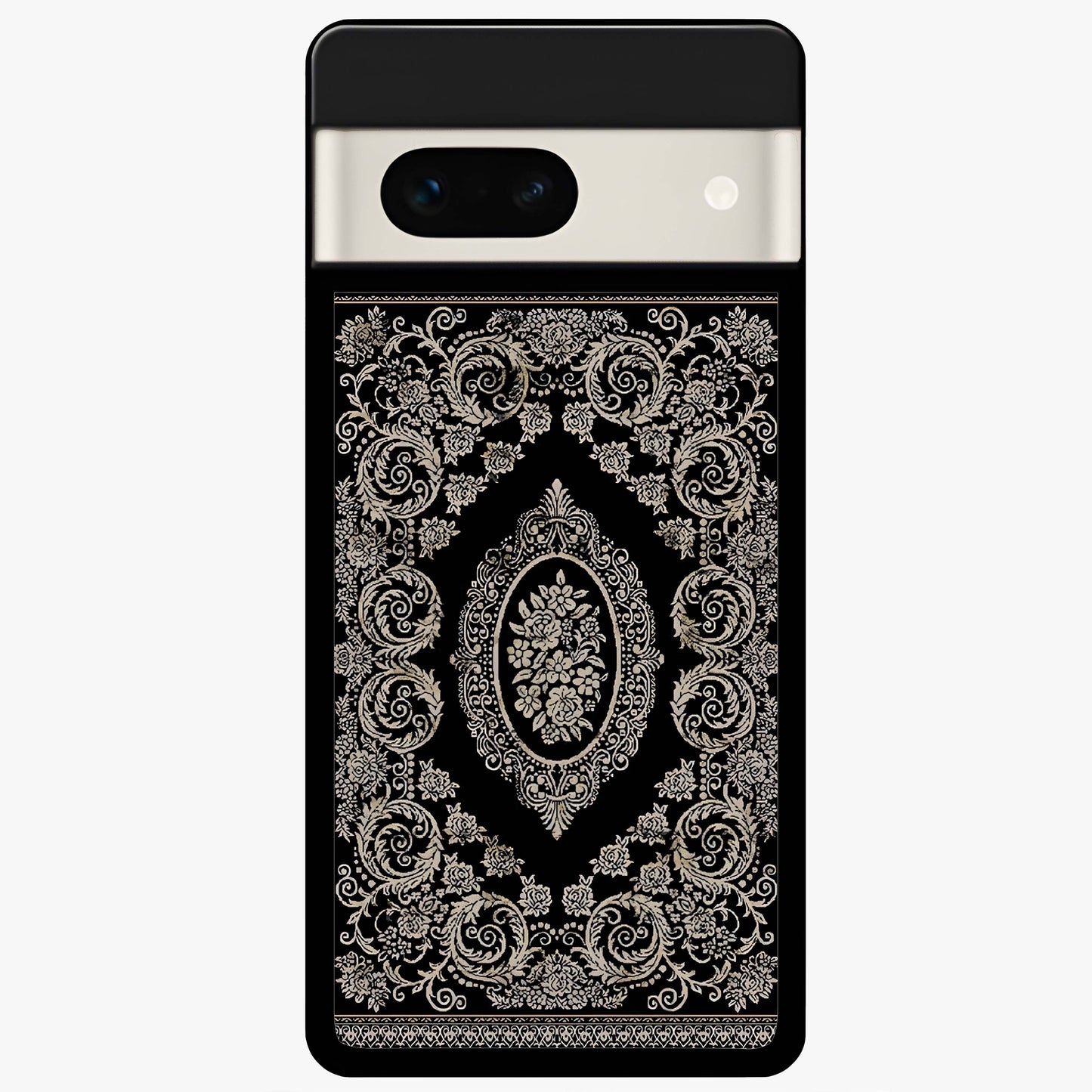 Noir Bloom Elegance Glass Case showing flat back view with elegant dark floral artwork and glossy glass finish.