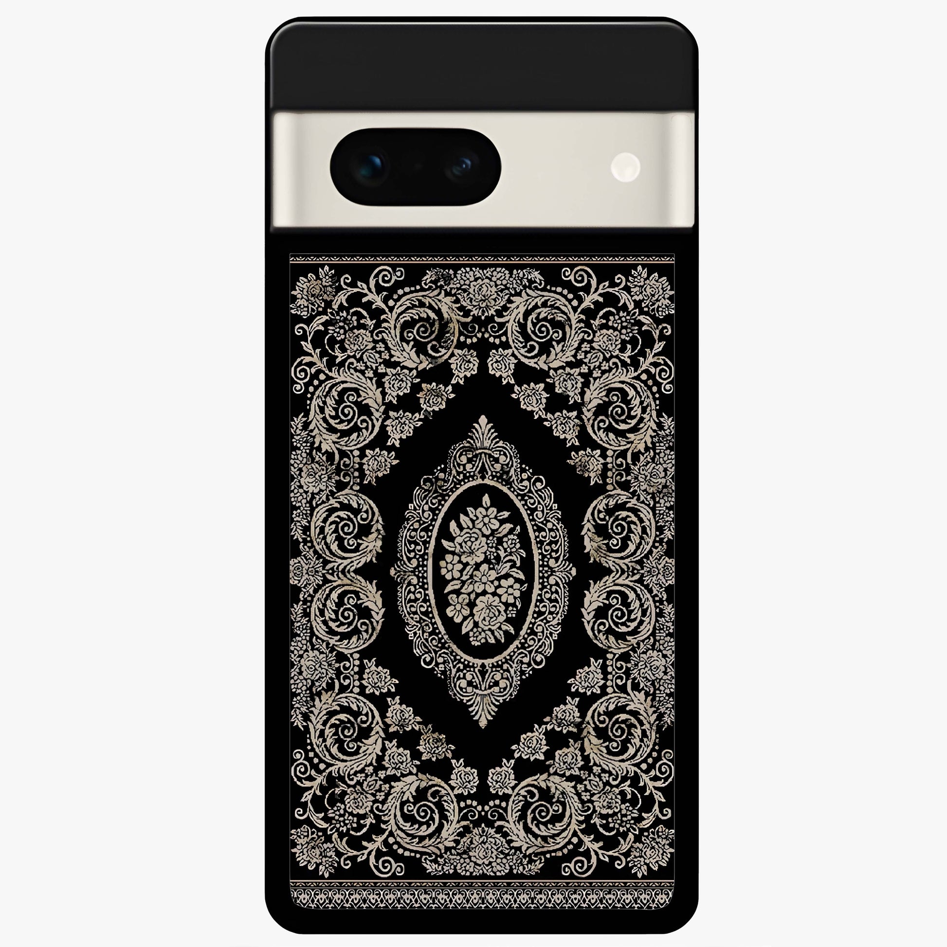 Noir Bloom Elegance Glass Case showing flat back view with elegant dark floral artwork and glossy glass finish.