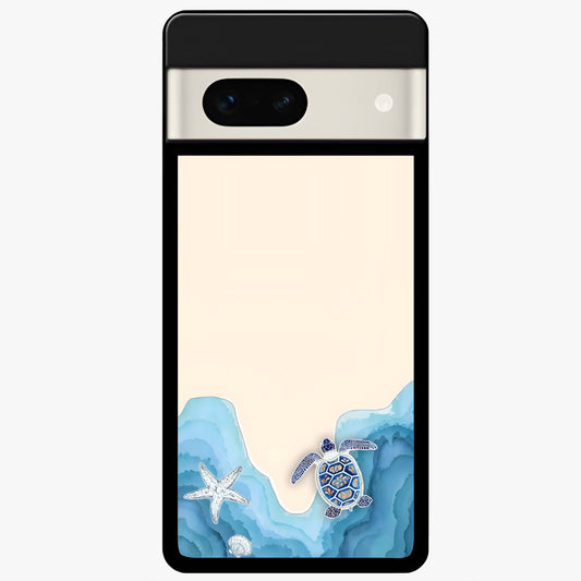 Ocean Drift Turtle Glass Case showing flat back view with sea turtle artwork and glossy glass finish.