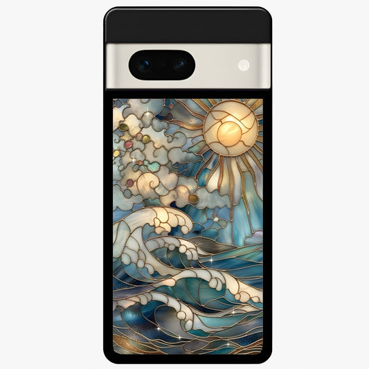 Oceanic Stained Printed Glass Case showing flat back view with ocean inspired stained pattern artwork and glossy glass finish.