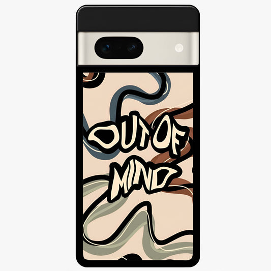Out Of Mind Glass Case showing flat back view with expressive typography artwork and glossy glass finish.