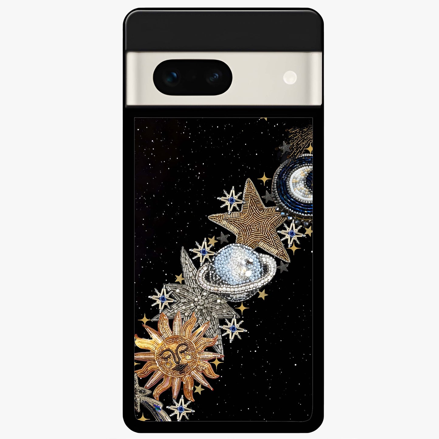Pearls Universe Object Glass Case showing flat back view with pearl inspired cosmic artwork and glossy glass finish.