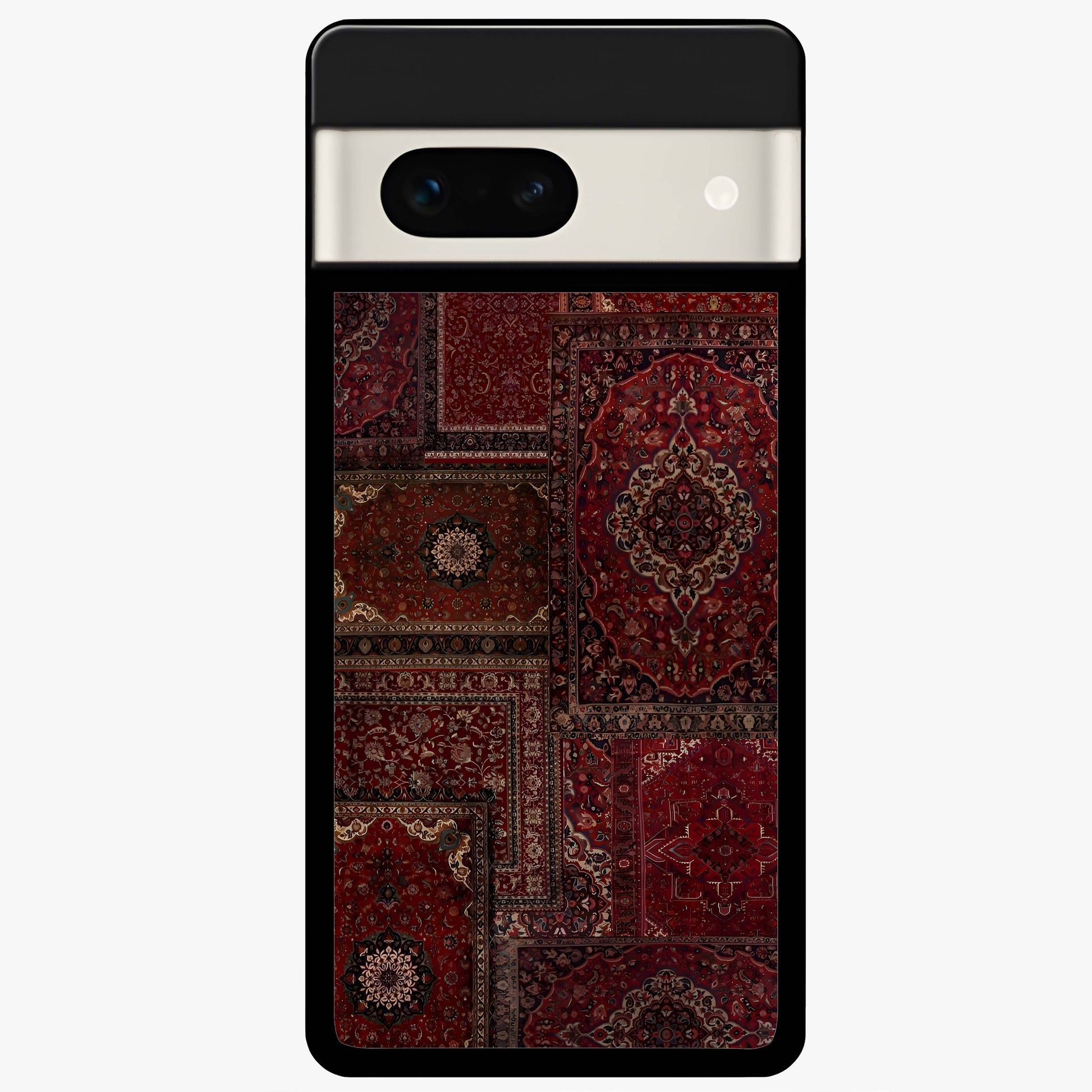 Persian Velvet Tale Glass Case showing flat back view with luxurious Persian velvet pattern artwork and glossy glass finish.