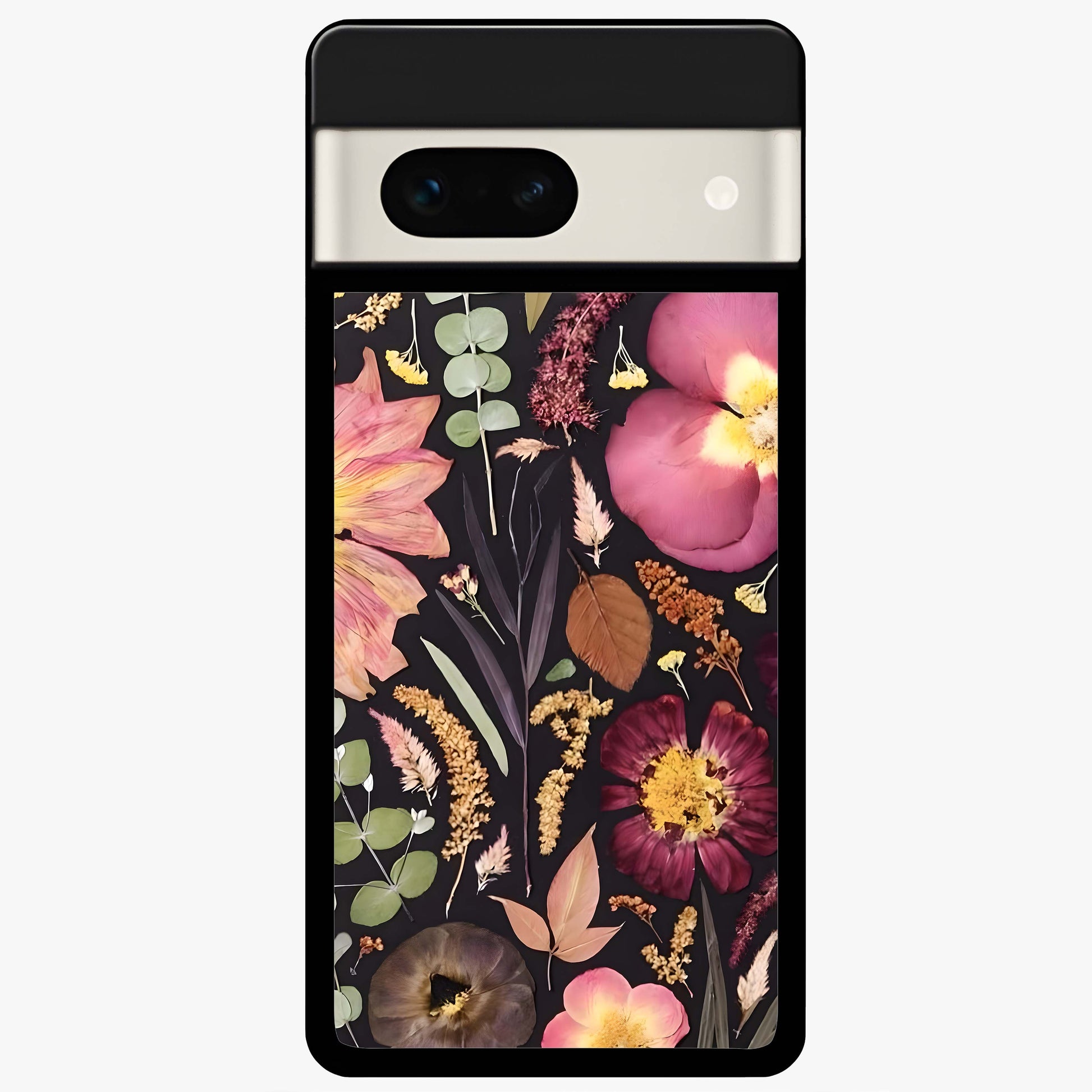 Petal Dream Tapestry Glass Case showing flat back view with intricate floral tapestry artwork and glossy glass finish.
