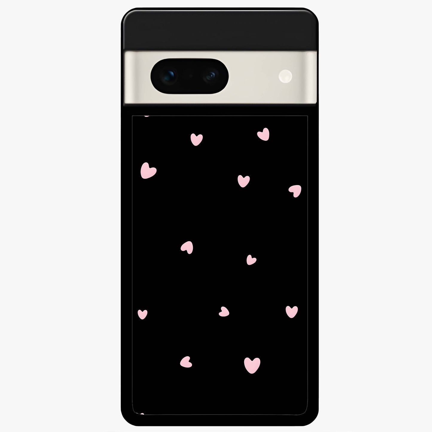 Pink Love Drops Glass Case showing flat back view with playful pink heart drops artwork and glossy glass finish.