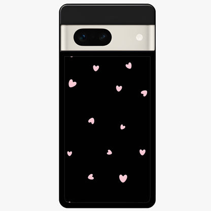 Pink Love Drops Glass Case showing flat back view with playful pink heart drops artwork and glossy glass finish.