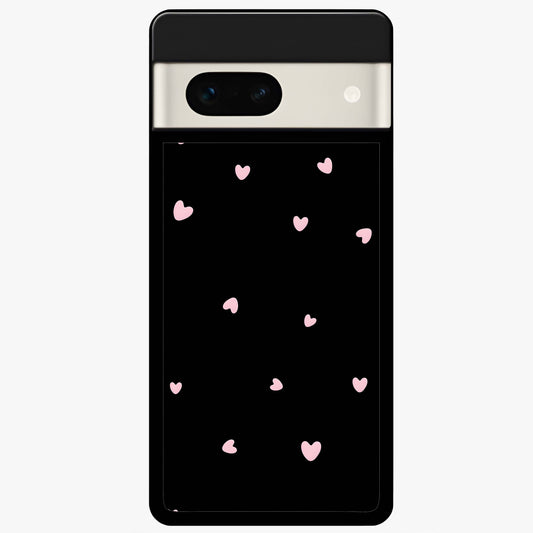 Pink Love Drops Glass Case showing flat back view with playful pink heart drops artwork and glossy glass finish.