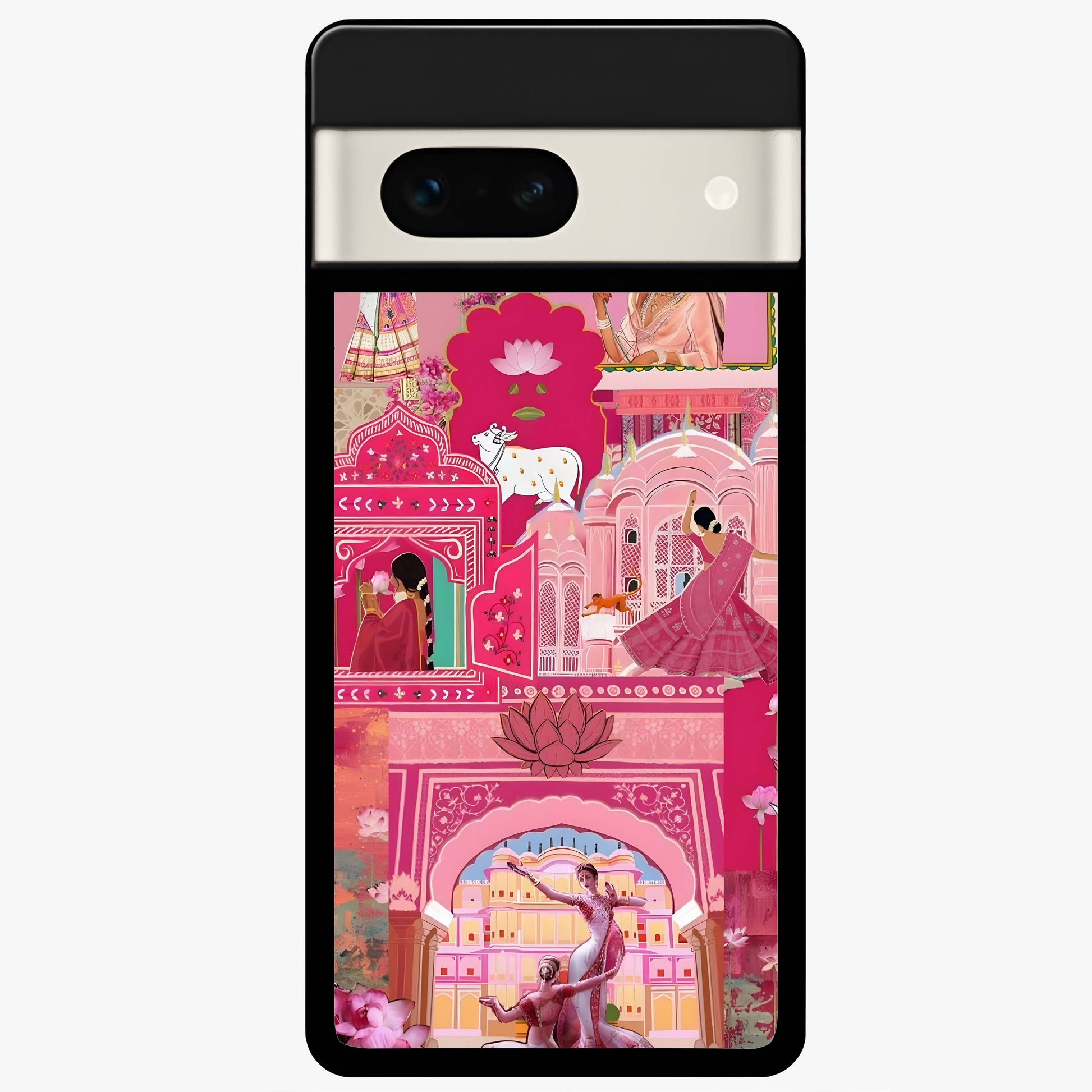 Pink Palace Muse Glass Case showing flat back view with elegant palace inspired artwork and glossy glass finish.