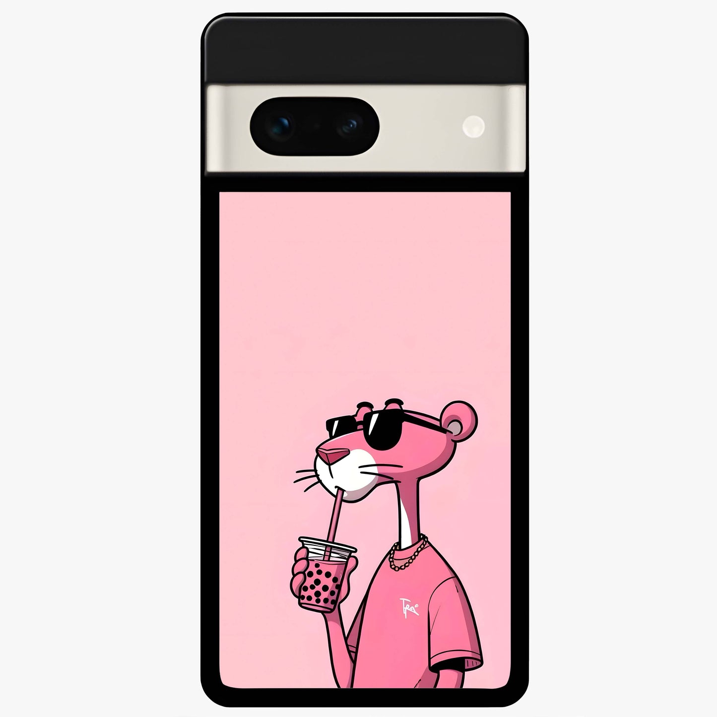 Pink Panther Glass Case showing flat back view with iconic pink panther artwork and glossy glass finish.