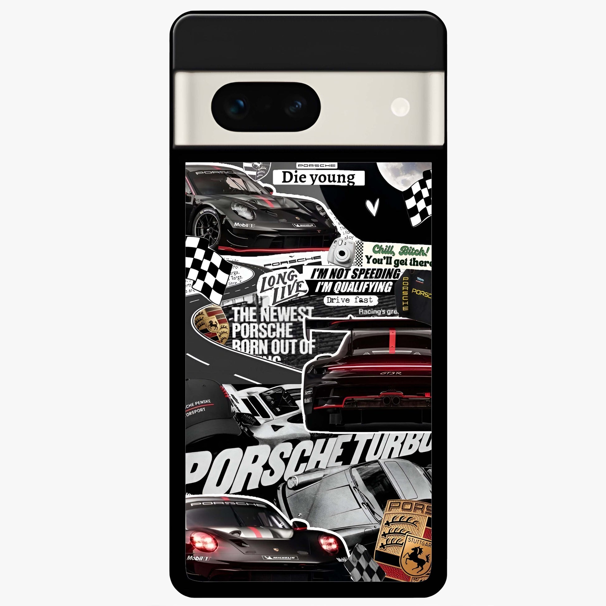 Porsche Racing Collage Glass Case showing flat back view with sports car racing collage artwork and glossy glass finish.