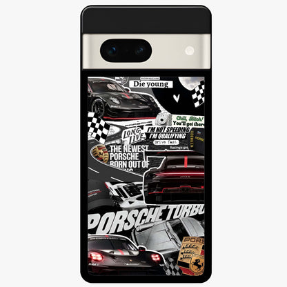 Porsche Racing Collage Glass Case showing flat back view with sports car racing collage artwork and glossy glass finish.