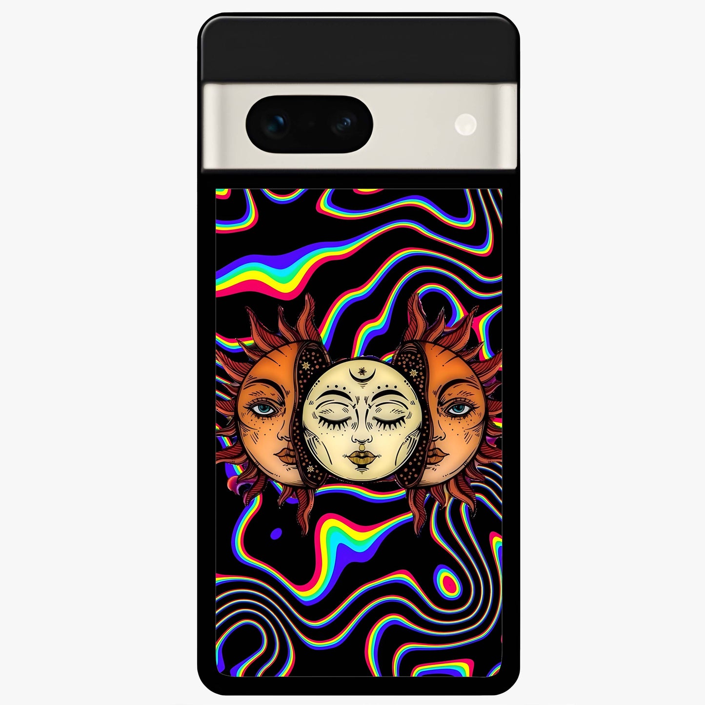 Psychedelic Sun Glass Case showing flat back view with colorful psychedelic sun artwork and glossy glass finish.