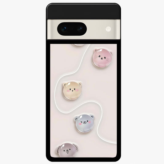 Puffy Face Parade Glass Case showing flat back view with cute puffy character faces artwork and glossy glass finish.
