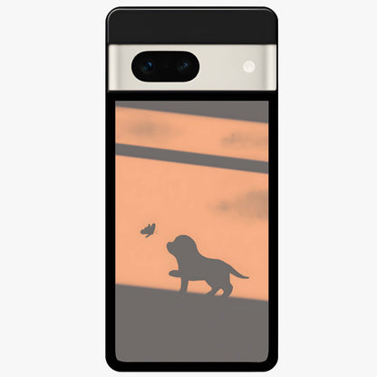 Puppy Shadow Art Glass Case showing flat back view with cute puppy shadow style artwork and glossy glass finish.