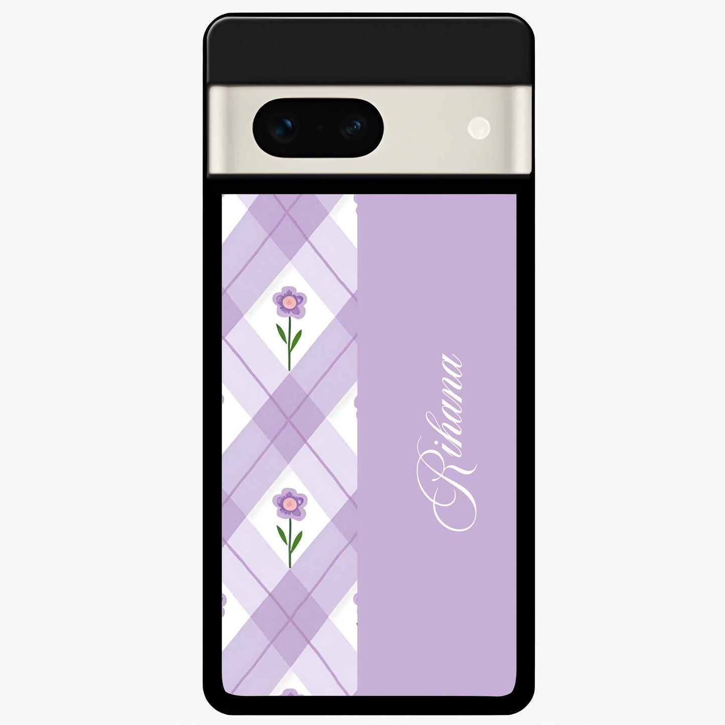 Purple Diamond Floral Glass Case showing flat back view with diamond shaped floral artwork and glossy glass finish.