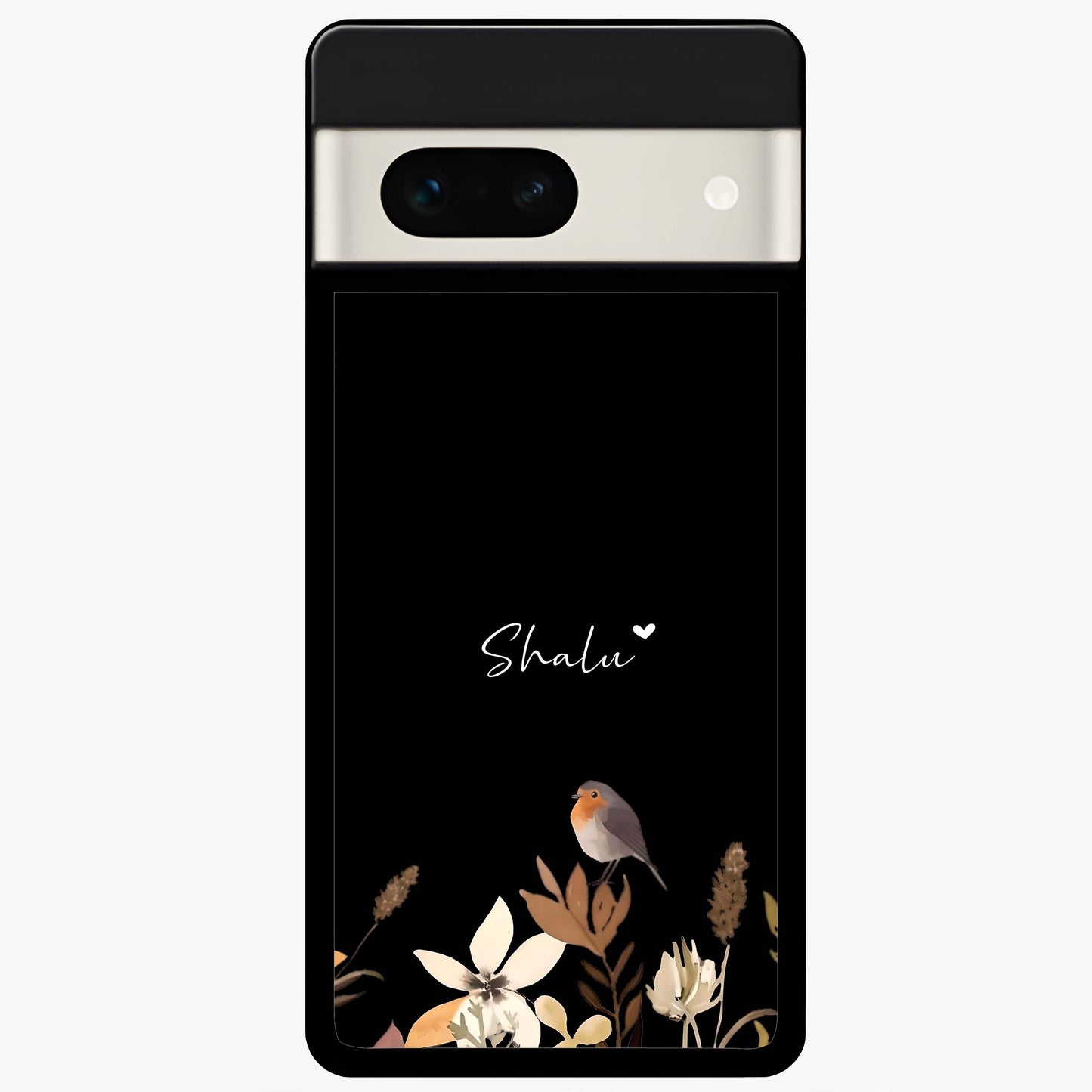 Quiet Garden Tune Custom Name Glass Case showing flat back view with peaceful garden artwork and personalized name design.