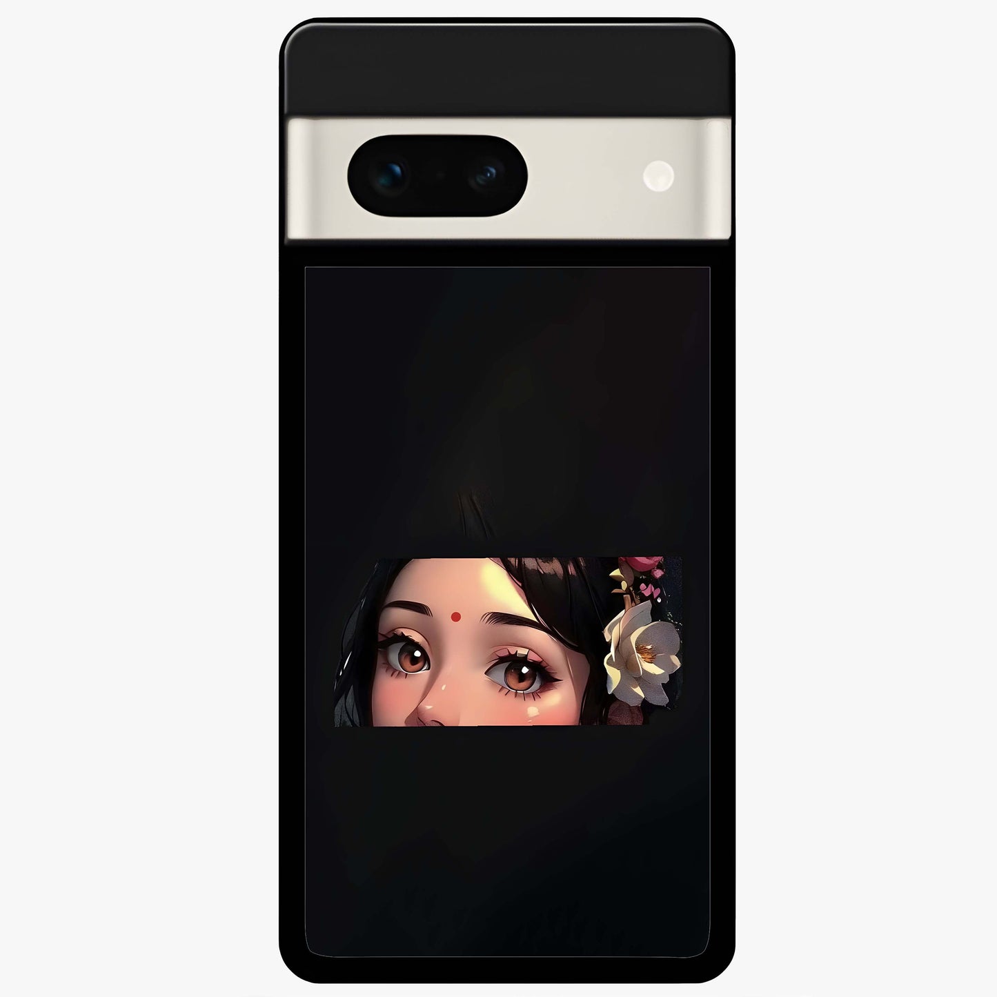 Radha Divine Embrace Glass Case showing flat back view with devotional Radha artwork and glossy glass finish.