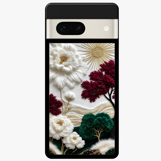 Radiant Bloom Elegance Glass Case showing flat back view with elegant blooming flower artwork and glossy glass finish.